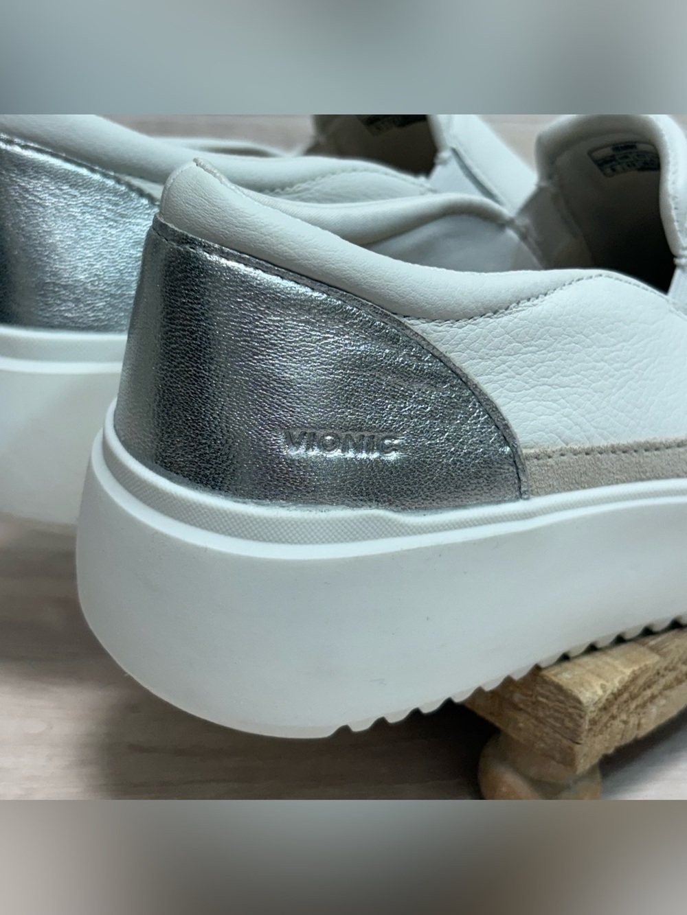 Vionic White Slip-On Platform Sneakers with Silver Heel Accent - Picture 9 of 10